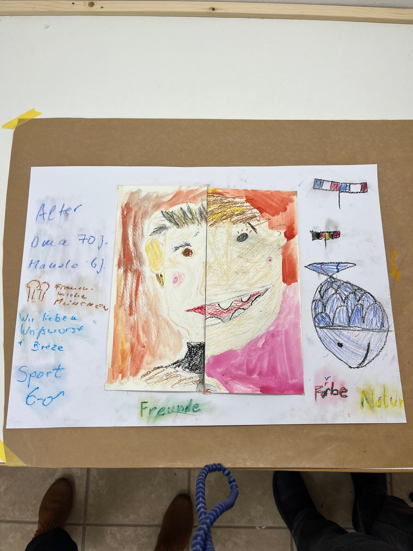 Two-part portrait painting of a grandmother and grandchild with handwritten notes about their ages and favourite things