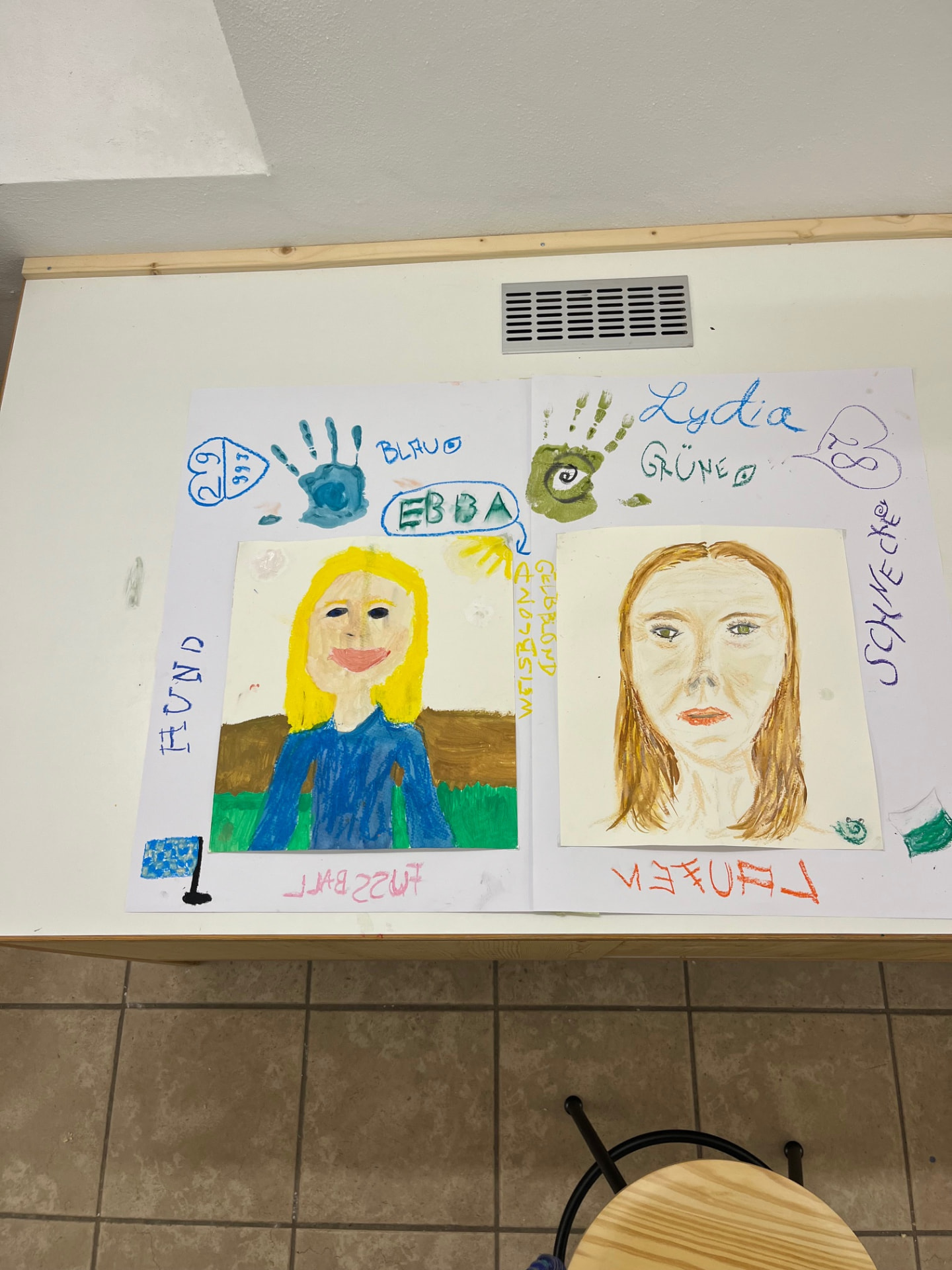 Two-part portrait paintings of Ebba and Lydia, each half painted by the other, with handwritten notes