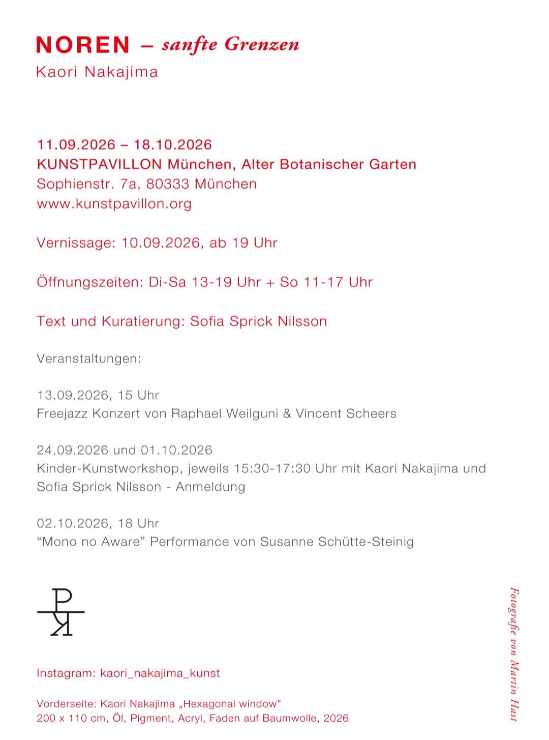 Exhibition flyer for NOREN – sanfte Grenzen by Kaori Nakajima at Kunstpavillon München with dates, opening hours and events