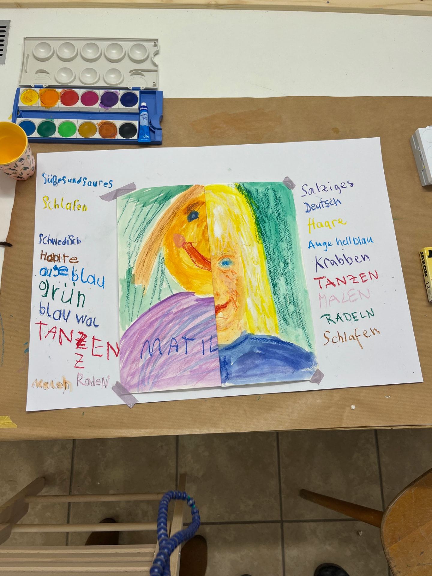 Two-part portrait painting of Matilda and her grandmother, each half painted by the other