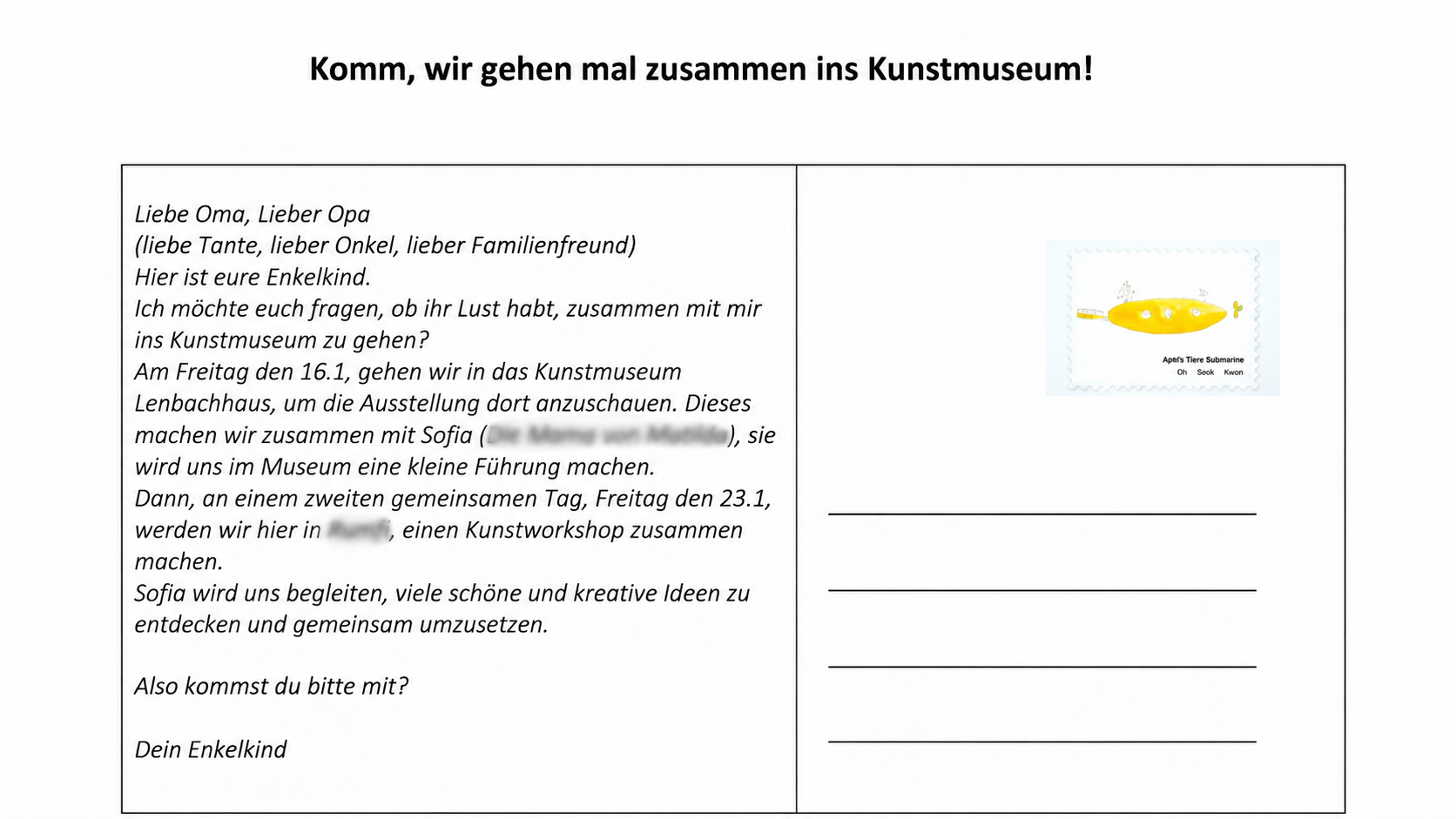 Postcard-style invitation from a child to their grandparents: “Komm, wir gehen mal zusammen ins Kunstmuseum!” with an Apple Tree Submarine postage stamp