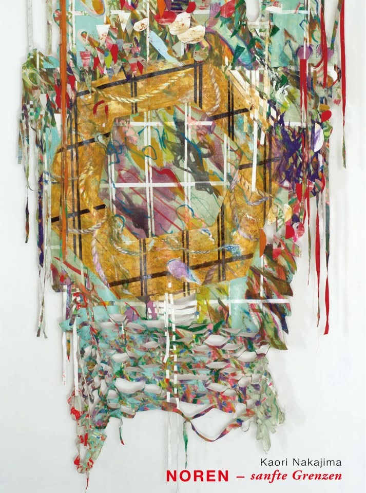 Kaori Nakajima, Hexagonal window, 2026 — textile artwork with a golden circle and black grid, red fabric strips hanging at both sides
